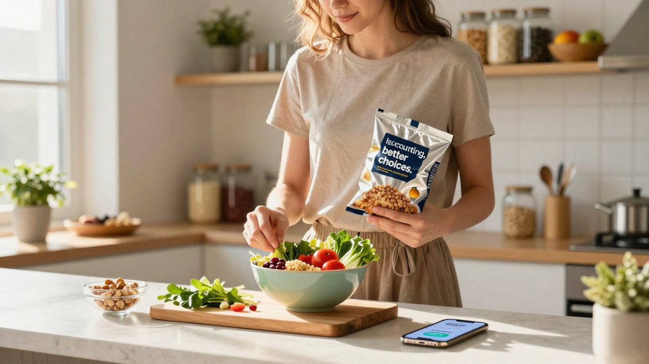 Frau bereitet in heller Küche Salat mit Kichererbsen aus Tüte zu, Smartphone liegt auf der Arbeitsplatte.