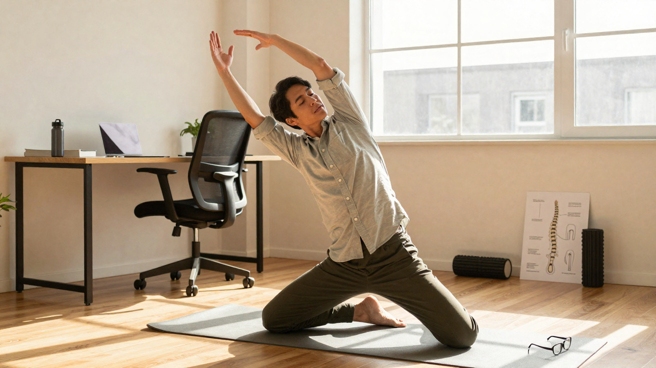 Junger Mann macht Dehnübungen auf Yogamatte in hellem Raum neben Schreibtisch und Bürostuhl.