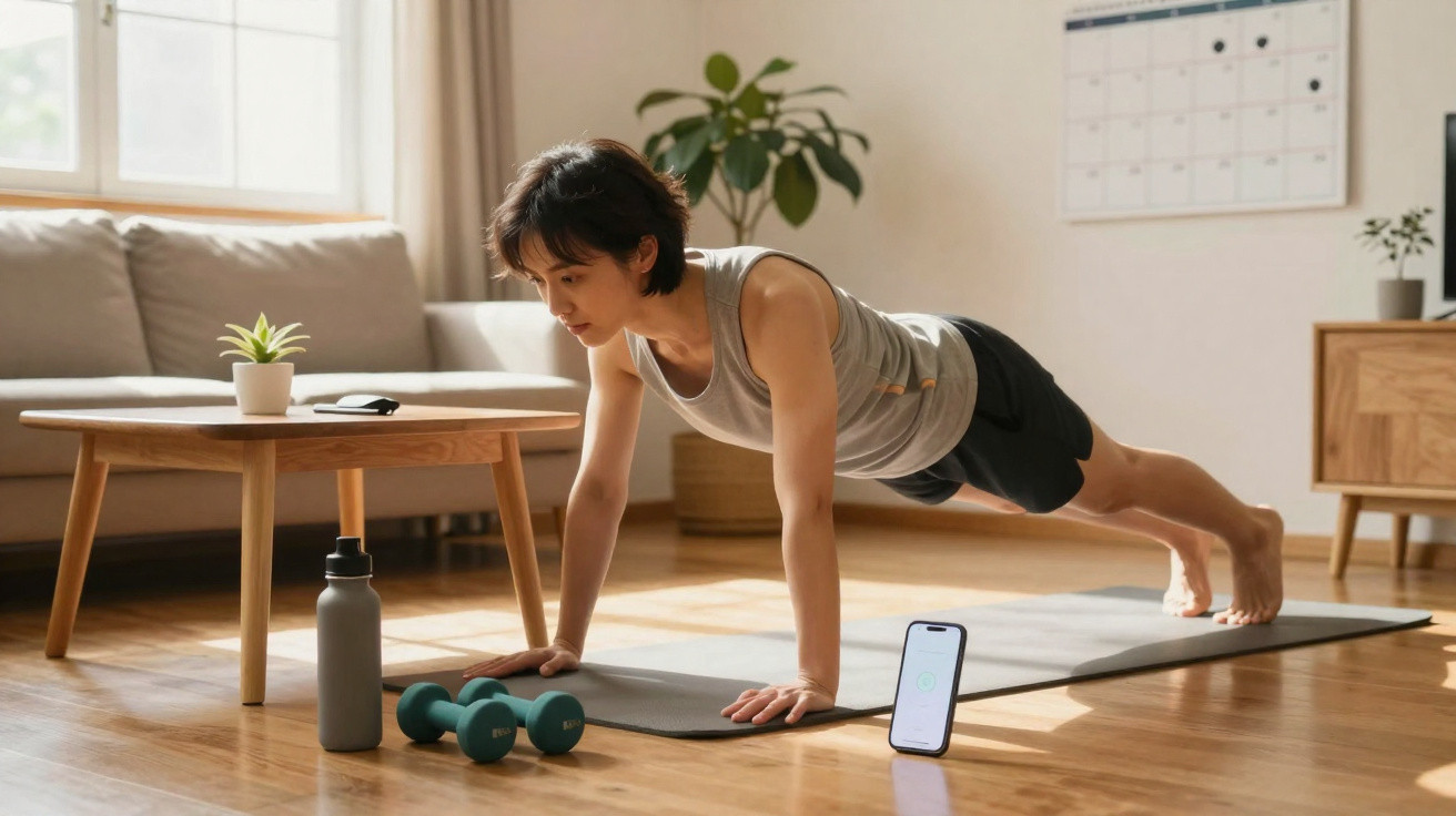 Frau macht Liegestütze zu Hause auf Yogamatte, neben Hanteln, Wasserflasche und Smartphone.
