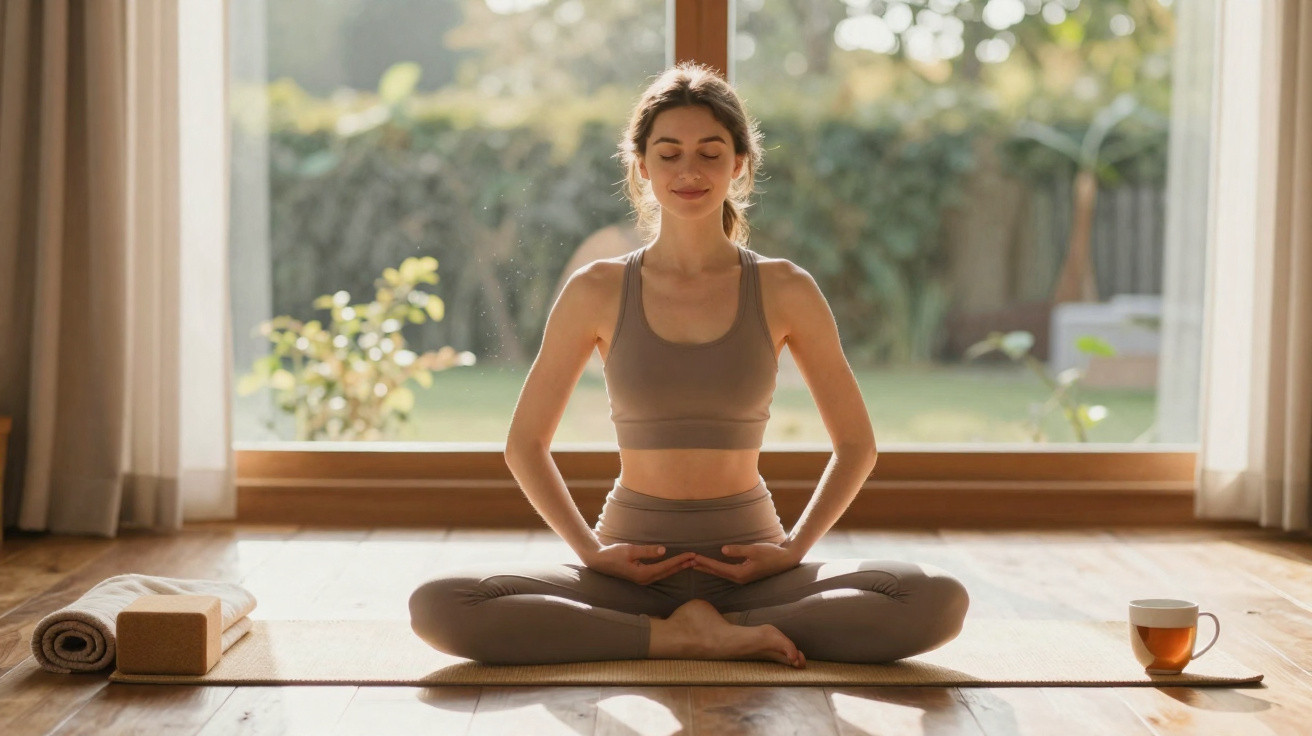 Frau meditiert im Schneidersitz auf Yogamatte vor großem Fenster mit Blick in den Garten, neben ihr Tee und Yogablock.