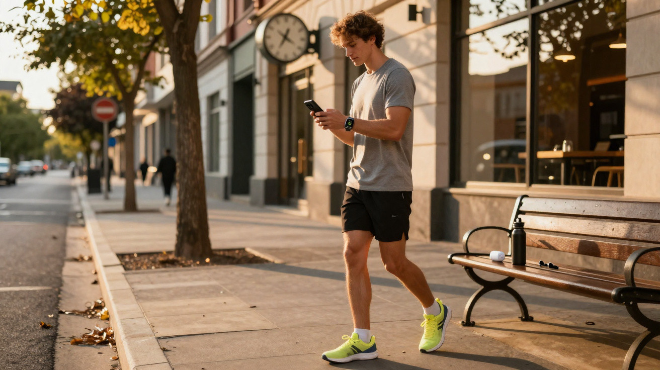 Junger Mann in Sportkleidung läuft draußen auf Gehweg und schaut auf sein Smartphone.