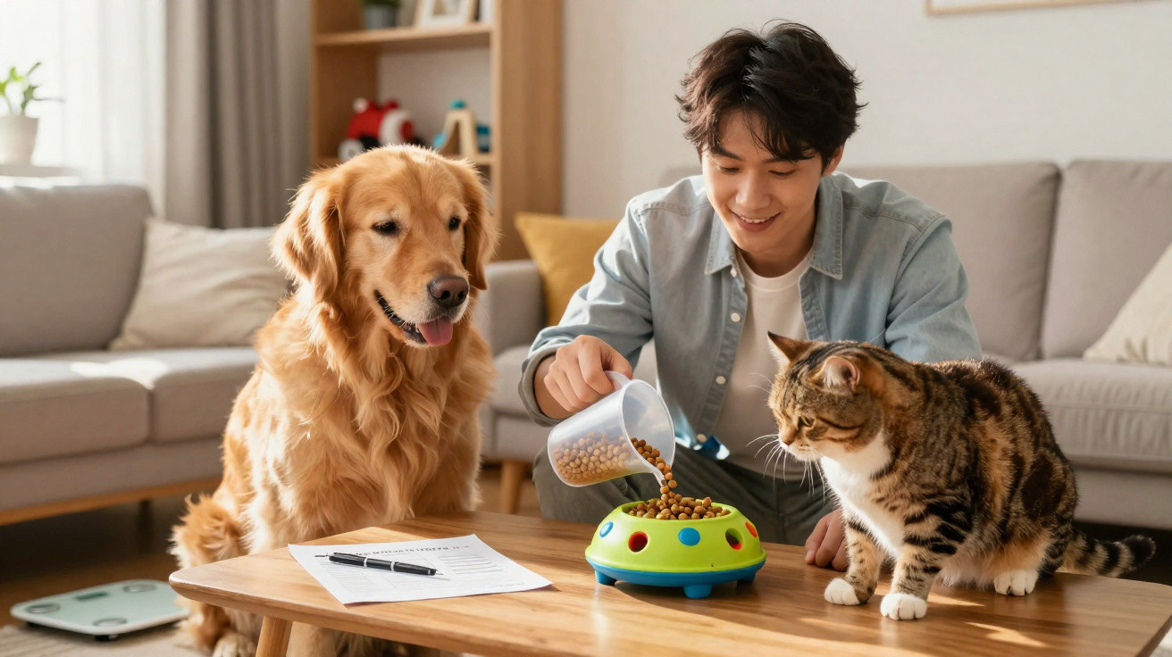 Junger Mann füttert Katze aus Futterspender, Hund sitzt daneben in modernem Wohnzimmer.