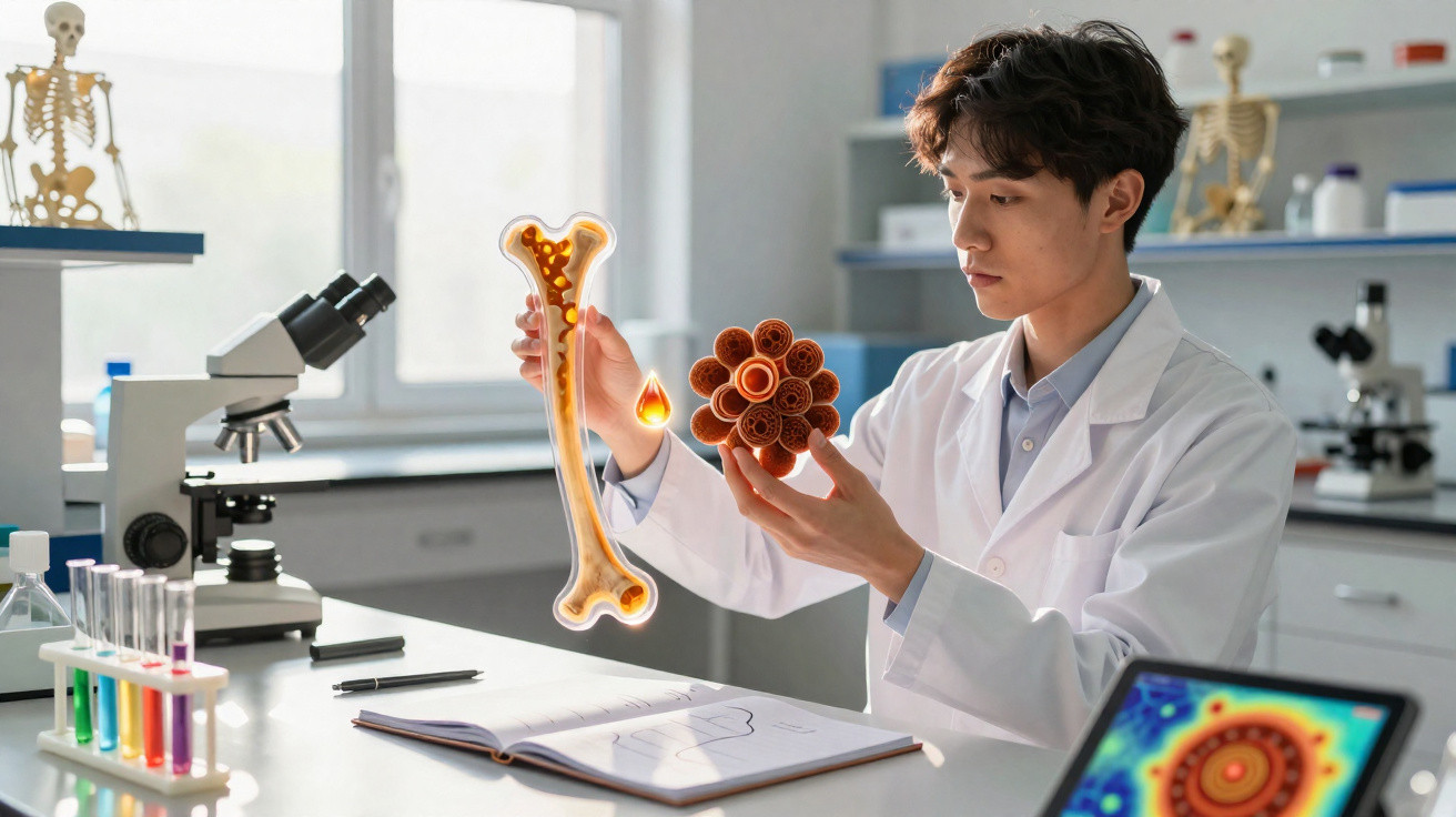 Wissenschaftler im Labor untersucht 3D-Modelle von Knochen und Zellen mit Mikroskopen und Reagenzgläsern.