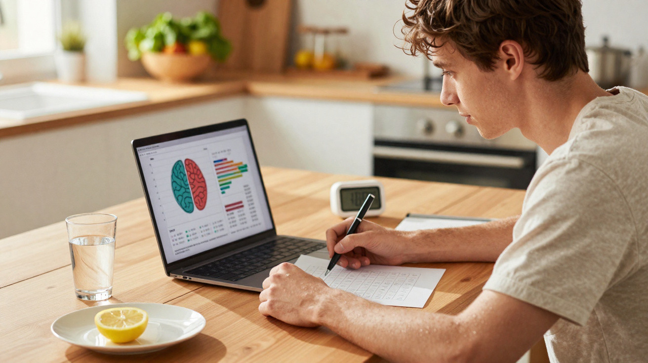 Junger Mann arbeitet am Laptop mit Hirn-Diagramm und schreibt Notizen in der Küche am Holztisch.