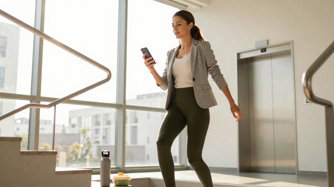 Frau mit Smartphone steigt Treppe in einem modernen, hellen Bürogebäude hinauf.