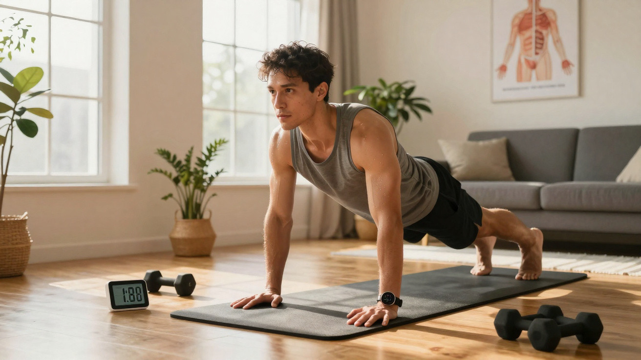 Mann macht Liegestütze auf Matte in hellem Wohnzimmer mit Pflanzen, Dumbbells und digitaler Uhr