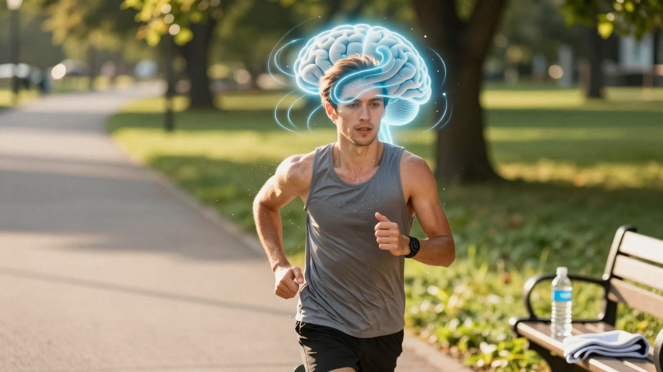 Mann joggt im Park mit digitaler Illustration eines leuchtenden Gehirns über seinem Kopf.