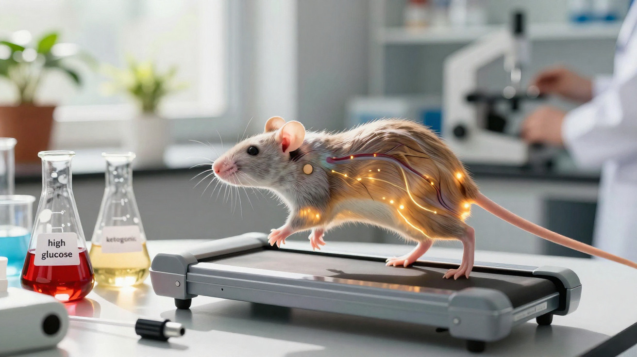 Labormaus auf Mini-Laufband mit hervorgehobenen Nervenbahnen vor Laborgeräte und Wissenschaftler im Hintergrund.