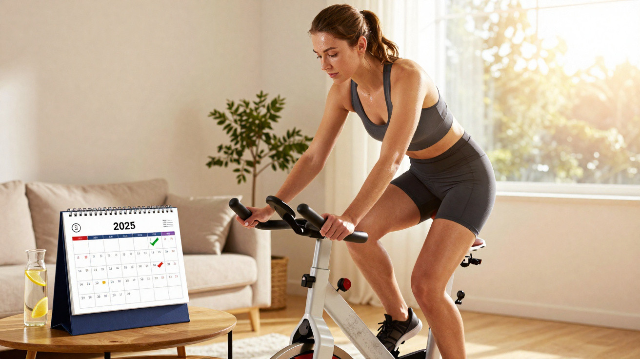 Frau trainiert auf Heimtrainer im Wohnzimmer neben einem Tisch mit Kalender für 2025.
